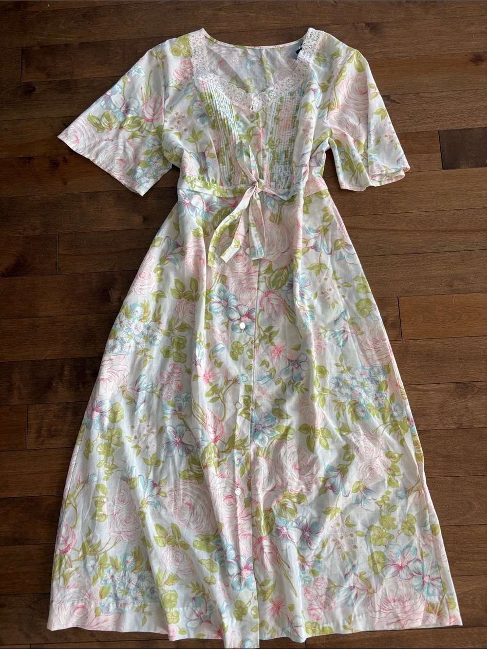 Vintage Floral Button-Front Midi Dress in Pastel Pink, Green & Blue with lace